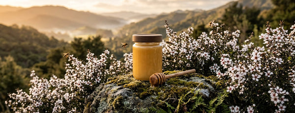 Ein Glas goldener Manuka-Honig und ein Honiglöffel aus Holz auf einem bemoosten Felsen zwischen blühenden Manuka-Sträuchern in den Hügeln Neuseelands